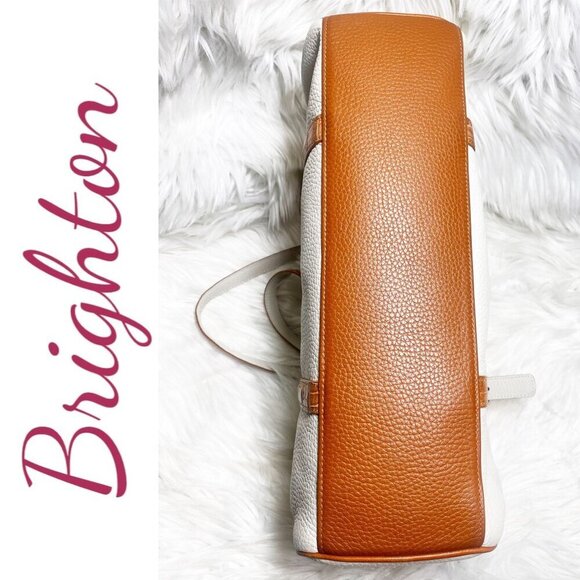 BRIGHTON White & Tan Pebbled Leather Satchel Shoulder Bag Croc Heart Detail - Picture 9 of 15